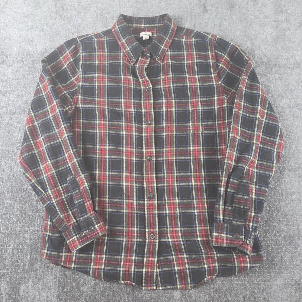 L.L. Bean Flannel Shirt Womens Medium Black Plaid 100% Cotton Outdoor Work M